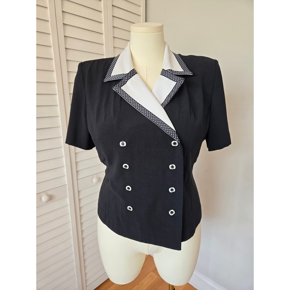 Studio I Black White Polka Dot Trim Blazer Top Sz 12 80s Vtg Retro Office Siren